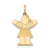 14k Yellow Gold Girl Charm Pendant with Raised Arms, Swirl Engraving, Bow Detail