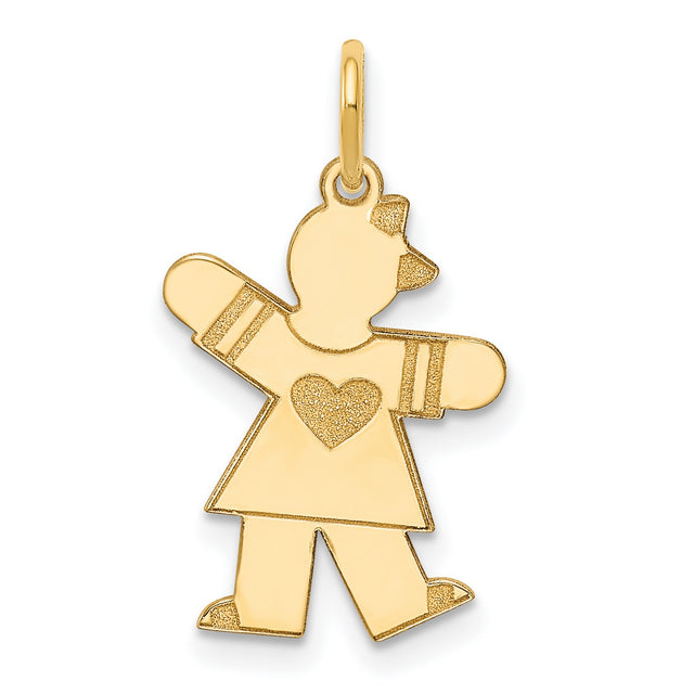 14k Yellow Gold Girl Charm Pendant with Heart, Bow, and Dress Details