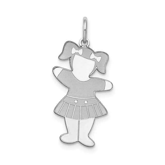 Sterling Silver Girl Pendant Charm with Skirt and Pigtails, Cartoon Style Outline