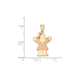 14k Two-Tone Gold Girl Pendant with Rose Gold Dress and Bow, Matte Satin Finish Charm