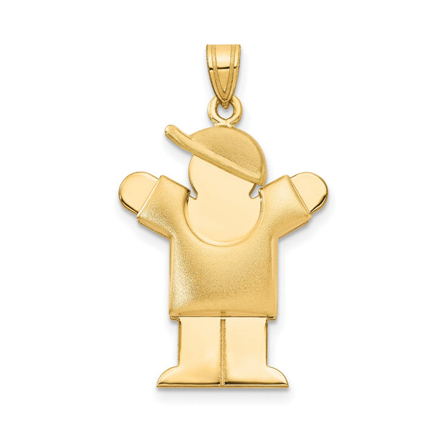 14k Yellow Gold Boy Pendant with Baseball Cap and Raised Arms, Minimalist Family Charm