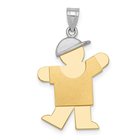 Large Boy w Hat on Left Engravable Charm Pendant in Real 14k Multi-Tone Gold