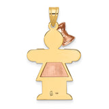 14k Two-Tone Gold Girl Pendant with Rose Gold Dress and Bow, Daughter Charm Jewelry