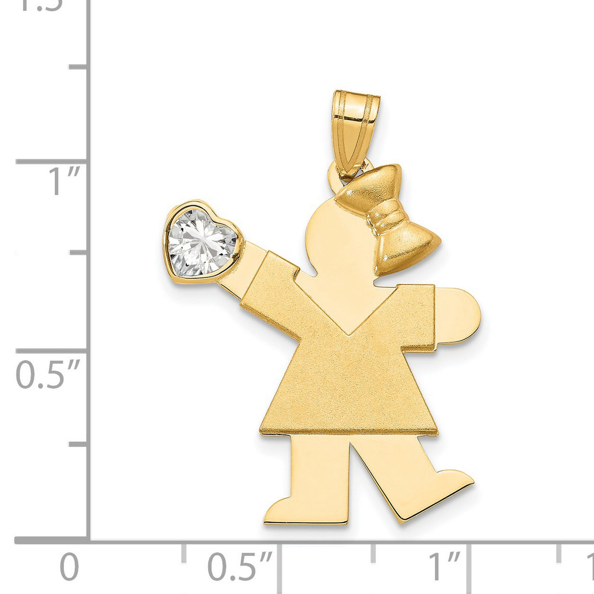 14k Yellow Gold Girl Pendant with Heart-Shaped Synthetic Birthstone and Bow Detail