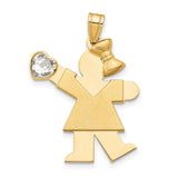 14k Yellow Gold Girl Pendant with Heart-Shaped Synthetic Birthstone and Bow Detail