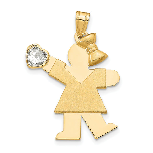 14k Yellow Gold Girl Pendant with Heart-Shaped Synthetic Birthstone and Bow Detail