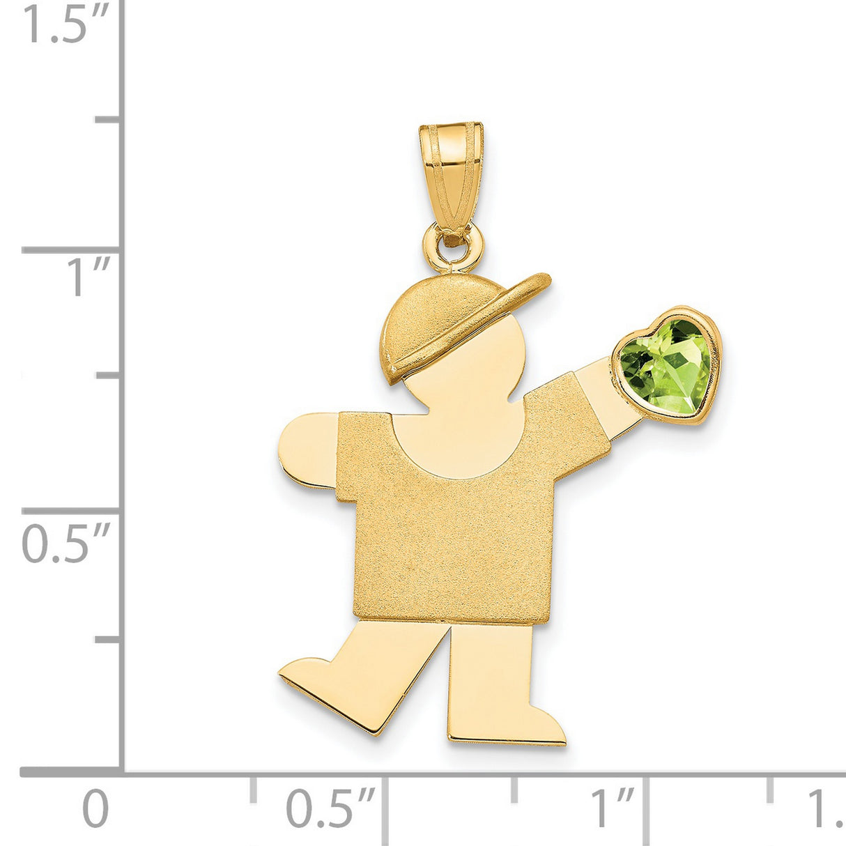 14k Yellow Gold Boy Charm Pendant with Green Synthetic Birthstone Heart
