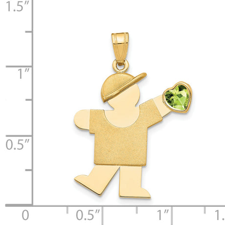 14k Yellow Gold Boy Charm Pendant with Green Synthetic Birthstone Heart