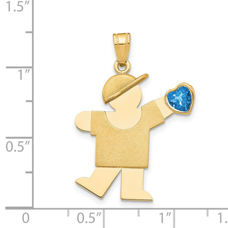 14k Yellow Gold Boy Pendant with Synthetic Blue Heart Birthstone, Cap Detail, Family Charm