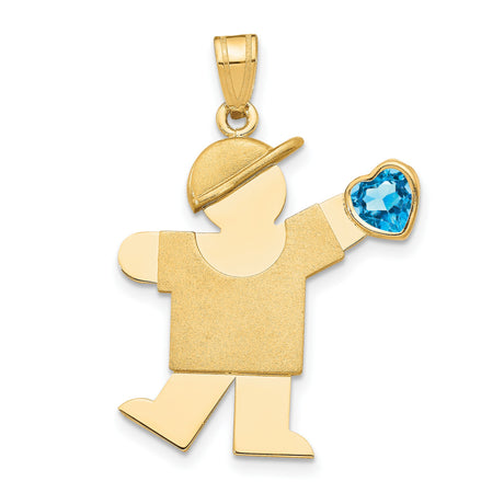14k Yellow Gold Boy Pendant with Synthetic Blue Heart Birthstone, Cap Detail, Family Charm