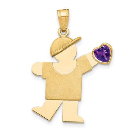 14k Yellow Gold Boy Pendant with Heart Shaped Synthetic Birthstone, Cartoon Cap Design