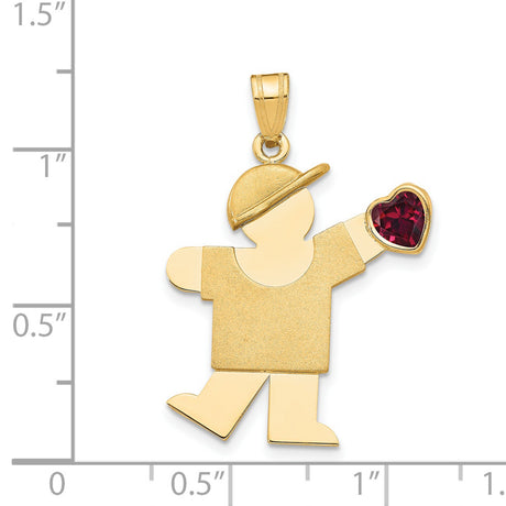14k Yellow Gold Boy Charm Pendant with Synthetic Birthstone and Red Heart, Sentimental Jewelry for Mom