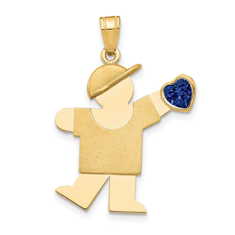14k Yellow Gold Boy Pendant with Baseball Cap and Blue Heart Cubic Zirconia, Family Charm Jewelry