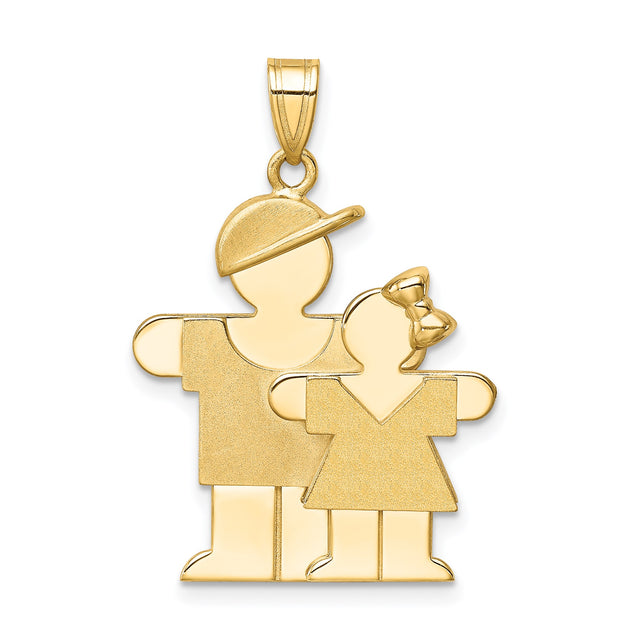14k Yellow Gold Pendant with Stylized Boy and Girl Figures, Family Charm Theme