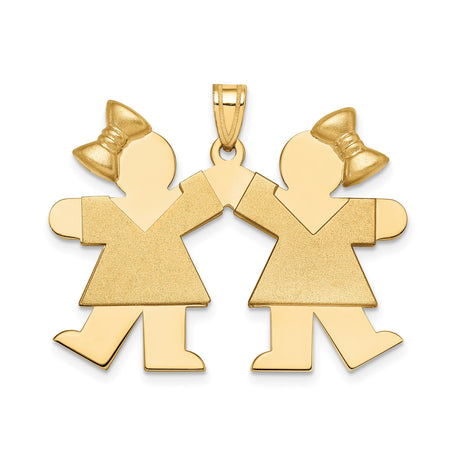 14k Yellow Gold Pendant with Two Stylized Girls Holding Hands, Family Bond Theme