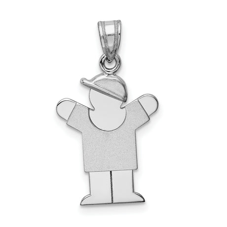 Small Boy w Hat on Right Engravable Charm Pendant in Real 14k White Gold