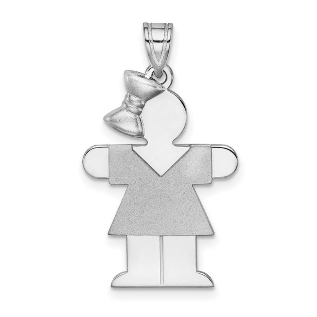 Medium Girl w Bow on Left Engravable Charm Pendant in Real 14k White Gold