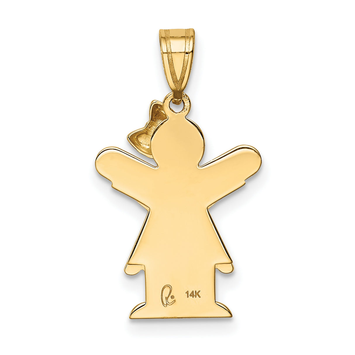 14k Yellow Gold Angel Girl Pendant with Bow and Wings, Spiritual Faith Charm