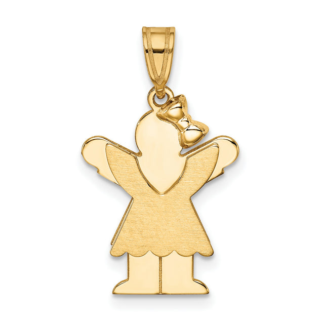 14k Yellow Gold Angel Girl Pendant with Bow and Wings, Spiritual Faith Charm