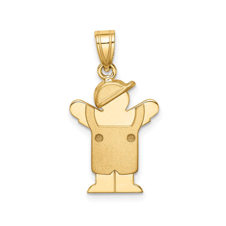 14k Yellow Gold Boy Charm Pendant with Overalls and Baseball Cap, Arms Raised Design