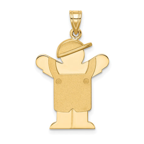14k Yellow Gold Boy Pendant Charm with Raised Arms in Overalls and Cap