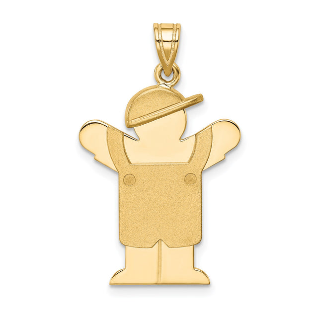 14k Yellow Gold Boy Pendant Charm with Raised Arms in Overalls and Cap
