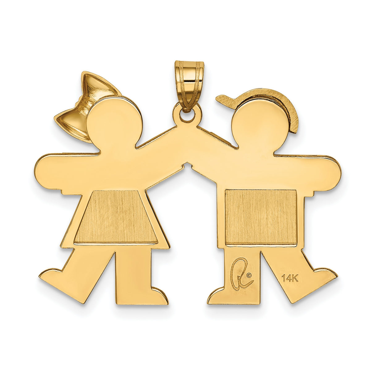 Solid Engravable Boy on Left and Girl on Right Charm Pendant in Real 14k Yellow Gold