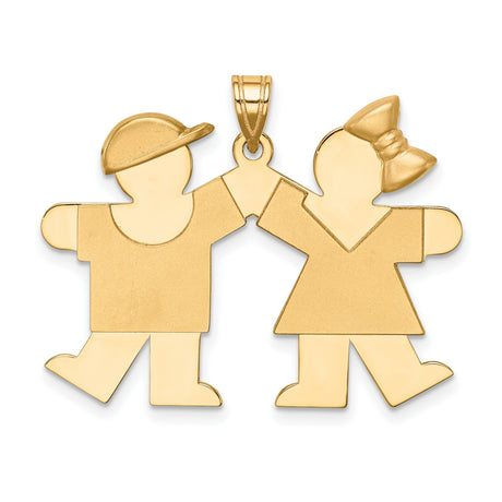 Solid Engravable Boy on Left and Girl on Right Charm Pendant in Real 14k Yellow Gold