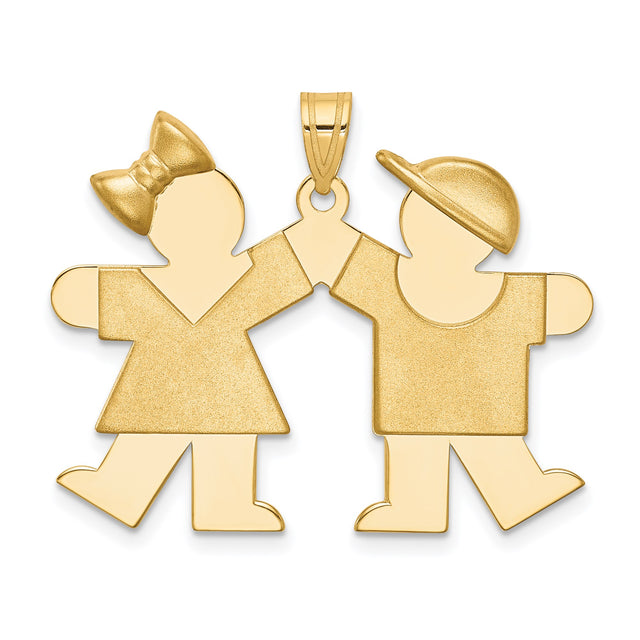 14k Yellow Gold Pendant Featuring Boy and Girl Holding Hands, Family Charm Design