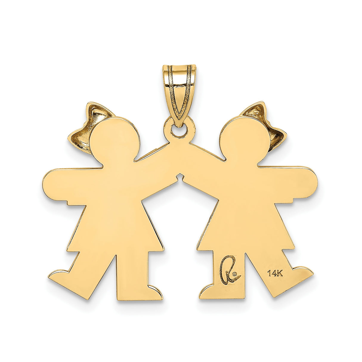 14k Yellow Gold Pendant with Two Girls Holding Hands, Family Bond Charm