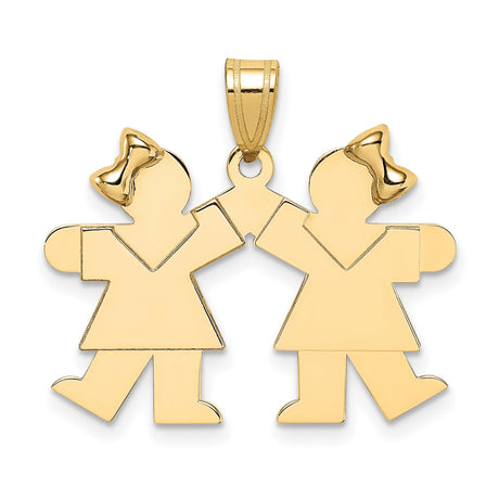 14k Yellow Gold Pendant with Two Girls Holding Hands, Family Bond Charm
