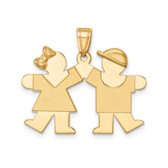 14k Yellow Gold Pendant Featuring Boy and Girl Holding Hands, Family Charm for Women
