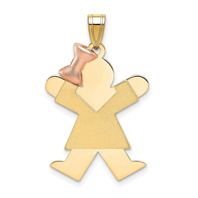 Large Girl with Bow on Left Engravable Charm Pendant in Real 14k Multi-Tone Gold