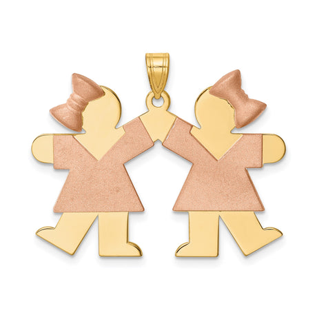 14k Two-Tone Gold Pendant with Stylized Girls Holding Hands, Sentimental Family Charm