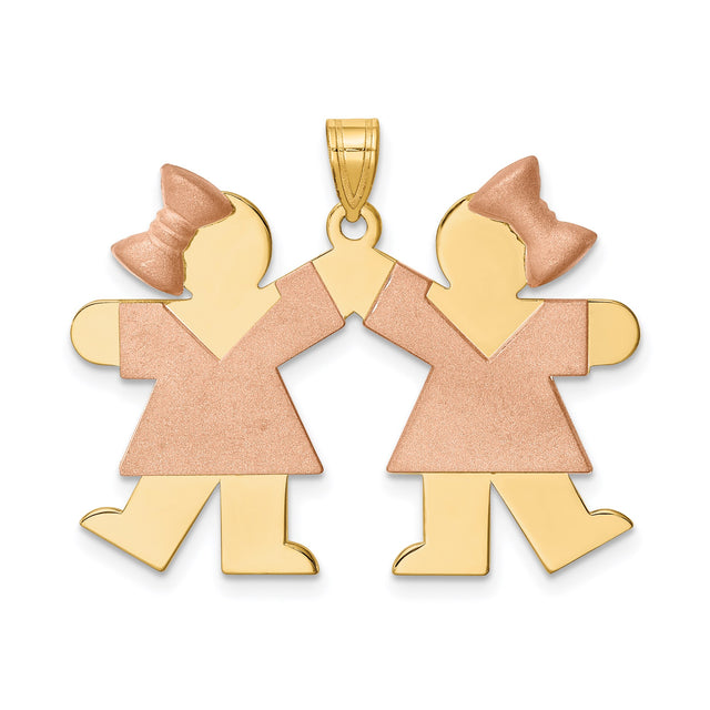 14k Two-Tone Gold Pendant with Stylized Girls Holding Hands, Sentimental Family Charm
