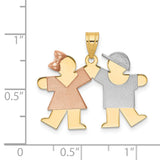 Small Girl on Left and Boy on Right Engravable Charm Pendant in Real 14k Multi-Tone Gold