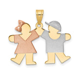 Small Girl on Left and Boy on Right Engravable Charm Pendant in Real 14k Multi-Tone Gold