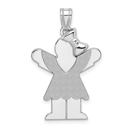 14k White Gold Angel Girl Pendant with Wings and Bow, Religious Memorial Charm