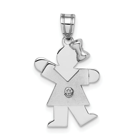 14k White Gold Girl Pendant with Diamond Accent and Bow Detail Charm for Women