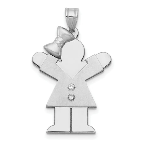 14k White Gold Girl Shaped Pendant with Diamond Accents, Bow Detail, Family Charm