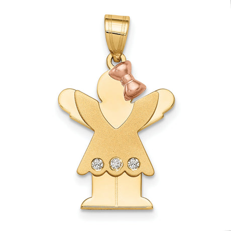 14k Two-Tone Gold Girl Pendant with Diamond Accents, Rose Gold Bow, Sentimental Charm