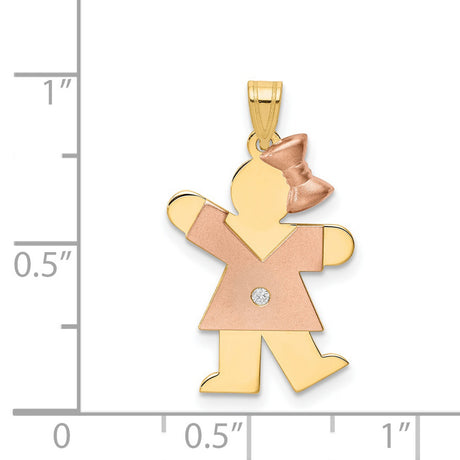 14k Two-Tone Gold Girl Pendant with Diamond Accent, Rose Gold Dress and Bow Detail