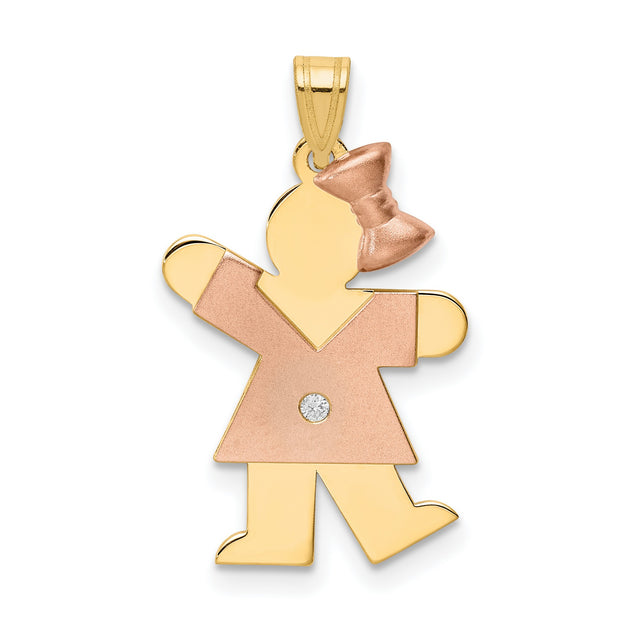 14k Two-Tone Gold Girl Pendant with Diamond Accent, Rose Gold Dress and Bow Detail