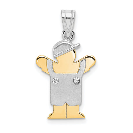 14k Two-Tone Gold Pendant with Diamond Accents, Stylized Boy in Cap and Overalls Charm
