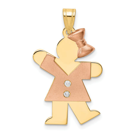14k Two-Tone Gold Girl Pendant with Diamond Accents, Rose Dress and Bow Detail