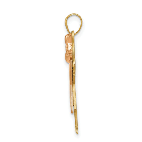 14k Two-Tone Gold Girl Pendant with Diamond Accents, Rose Gold Dress and Bow, Figurine Charm