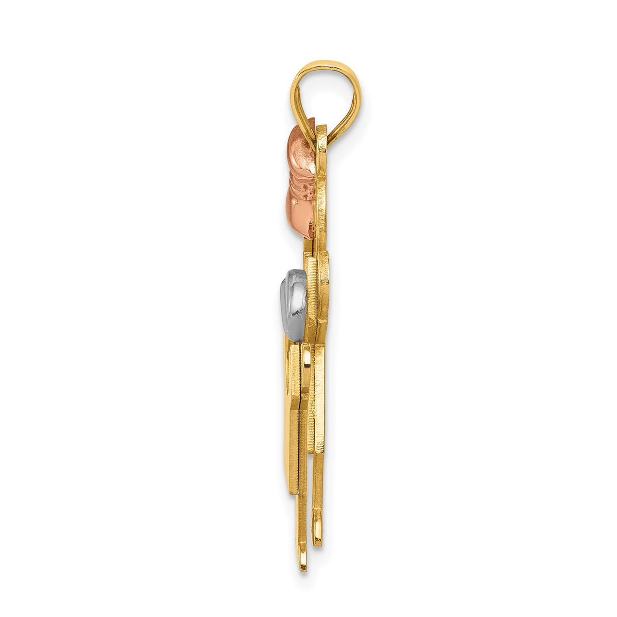 14k Tri Color Gold Pendant with Girl and Boy, Rose Gold Bow and White Gold Cap