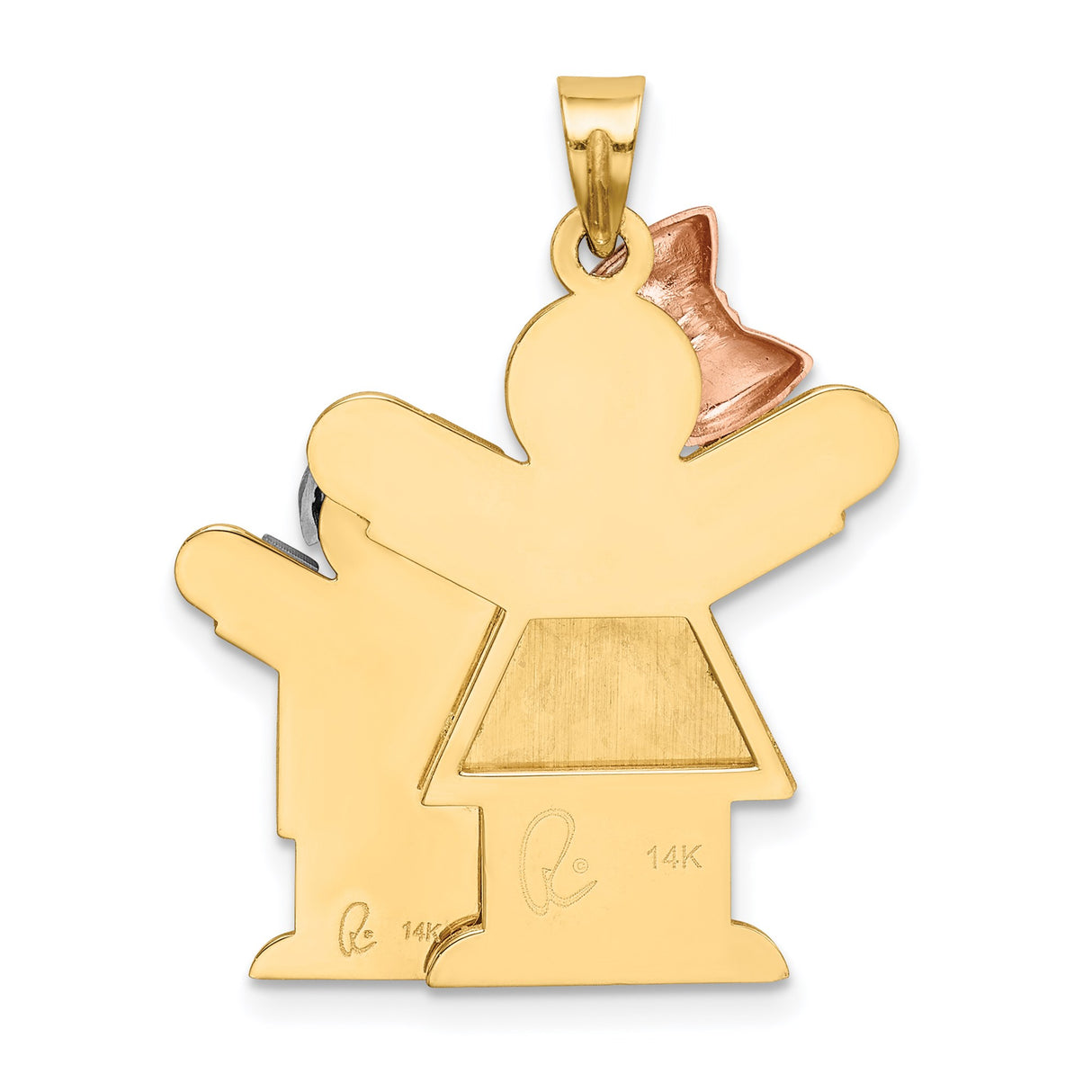 14k Tri Color Gold Pendant with Girl and Boy, Rose Gold Bow and White Gold Cap