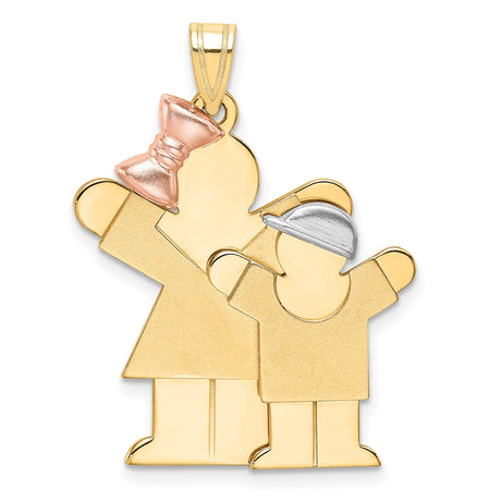 14k Tri Color Gold Pendant with Girl and Boy, Rose Gold Bow and White Gold Cap