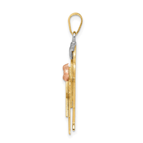 14k Tri Color Gold Boy and Girl Pendant with White Gold Cap and Rose Gold Bow